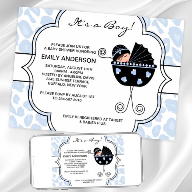 Convites Chás de Leopardo Negro Azul (Sweet carriage baby shower invitation. Instant download and printed invitations available.)