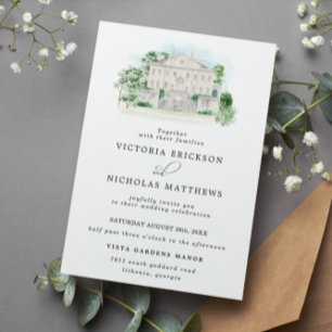 Convites Château Elegante Casamento de Mansão em Aquarela