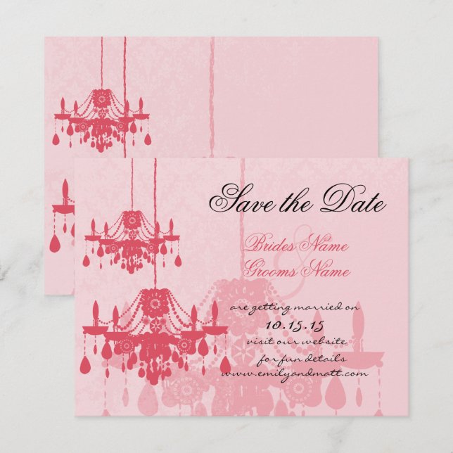 Convites Chateau Rosa Pink Chandelier Wedings (Frente/Verso)