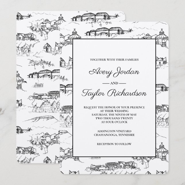 Convites Chattanooga Toile Black and White (Frente/Verso)