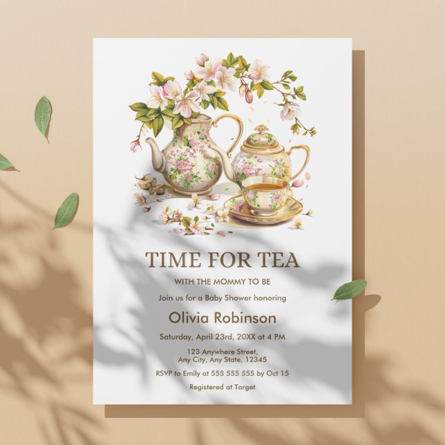 Convites Chávena Floral Hora do Chá Churrasco de Bebê  (Floral Teapot Time for Tea Baby Shower Invitation )
