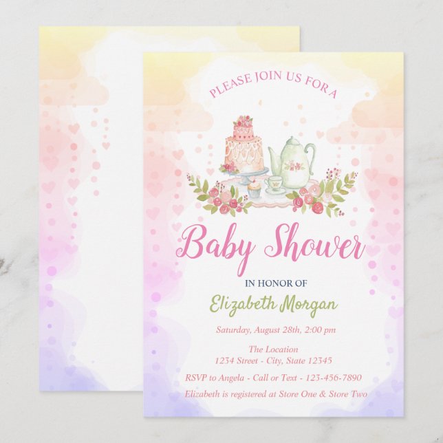 Convites Chávena Floral para Bebê Menina Chás de Bebê (Frente/Verso)