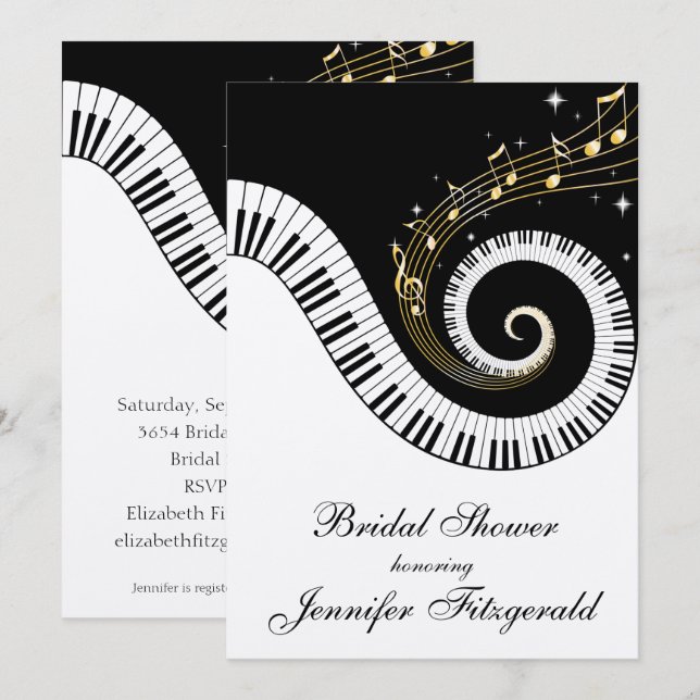 Convites Chaves do piano e chá de panela dourado das notas (Frente/Verso)