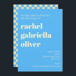 Convites Checkerboard Retro Aestético Blue Bat Bar Mitzvah<br><div class="desc">Concurso de Tabuleiro Estético Retroativo Azul e Branco Bat ou Bar Mitzvah</div>