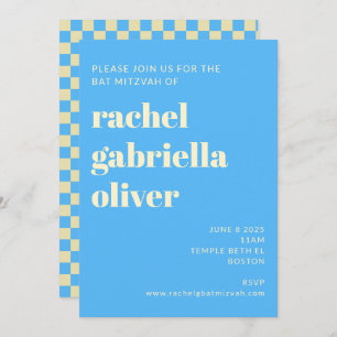 Convites Checkerboard Retro Aestético Blue Bat Bar Mitzvah