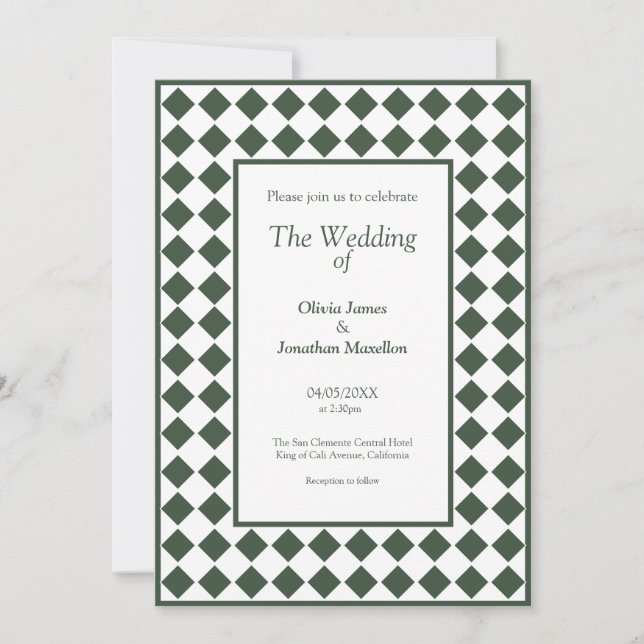 Convites Checkered Simple Modern Dark Green Wedding (Frente)