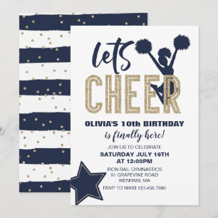Convites Cheerleading Navy e Dourado Aniversário de Cheerle