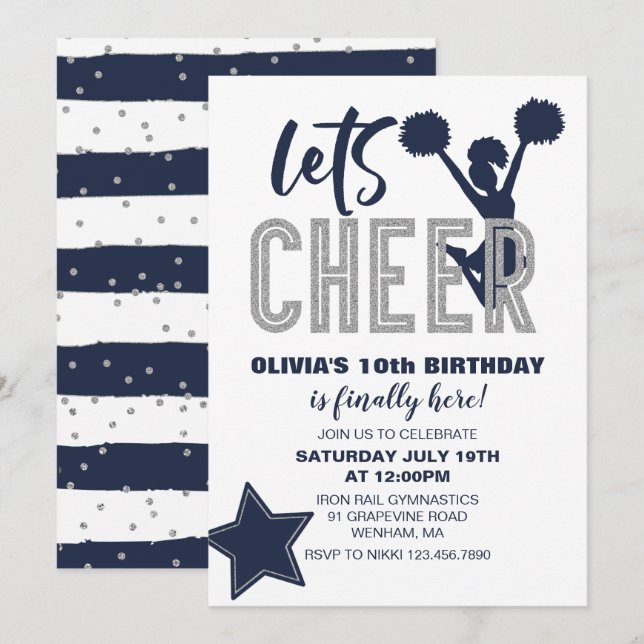 Convites Cheerleading Navy e Prata Cheer Aniversário (Frente/Verso)