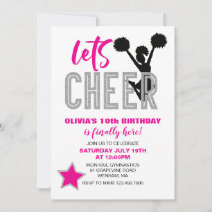 Convites Cheerleading Rosa Prata Preto Cheer Aniversário