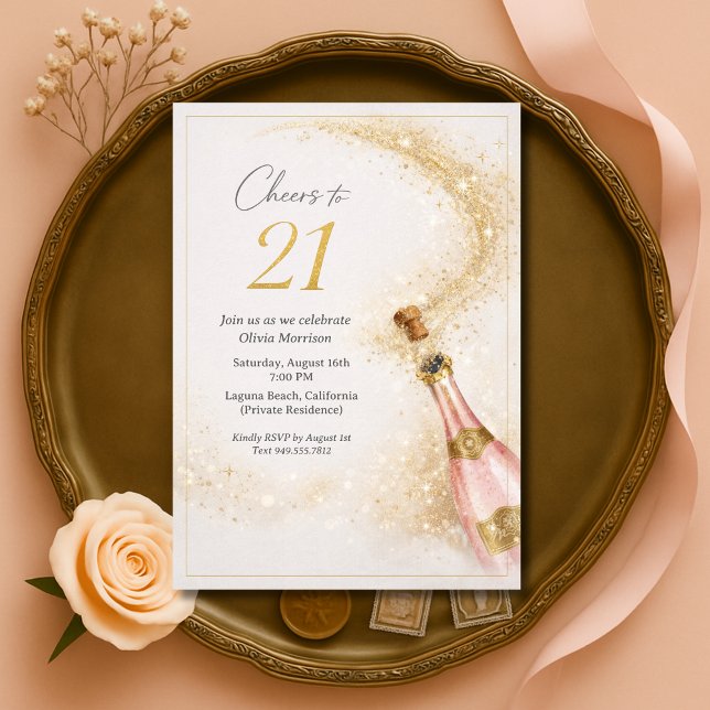 Convites Cheers 21st Birthday Pink Gold Champagne (Criador carregado)