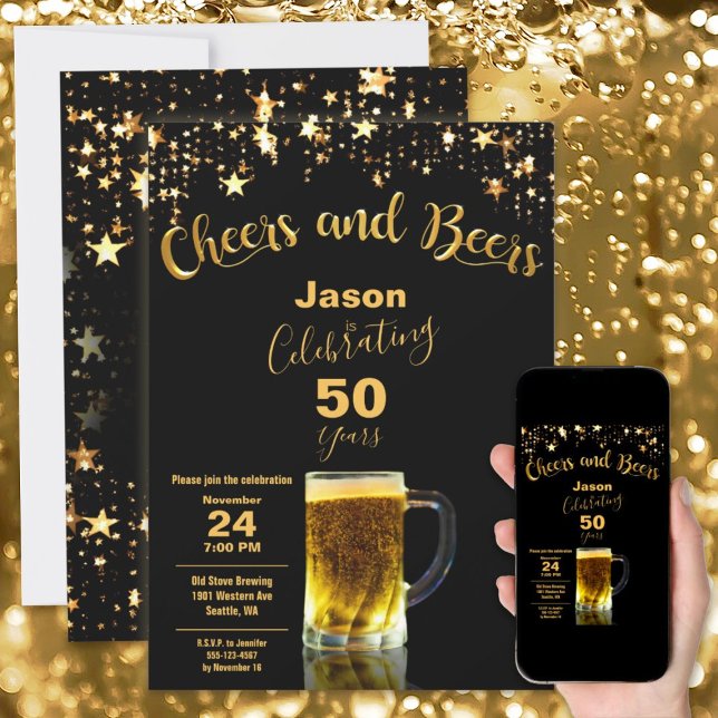 Convites Cheers and Beers 50th Festa de aniversário Black + (Celebrate 50 Years with this elegant Cheers and Beers 50th Birthday Party design in Black and Gold)