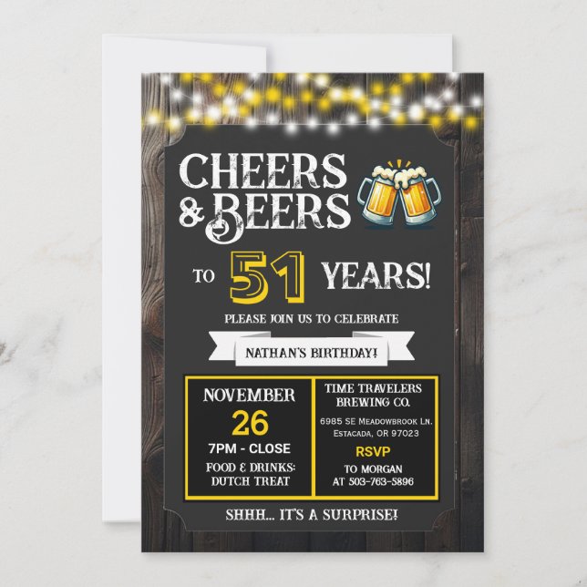 Convites Cheers and Beers to 51 Years Surprise Brewery (Frente)