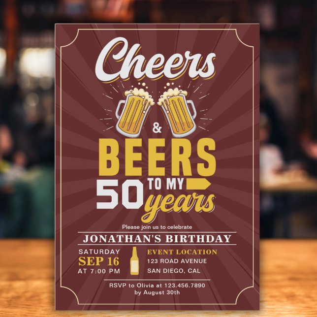 Convites Cheers and Beers to my 50 Years, Any Birthday (Criador carregado)