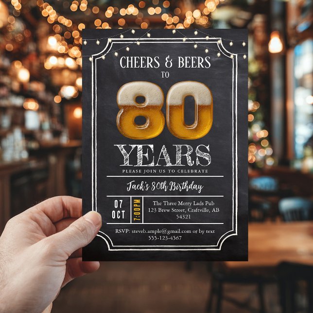 Convites Cheers & Beers Men's 80th Birthday Invitation (80th birthday invite, cheers and beers)