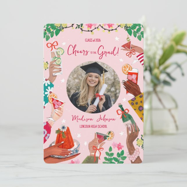 Convites Cheers Grad Doodle Photo Graduation Announcement (Em pé/Frente)