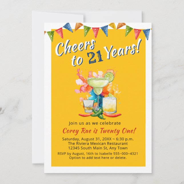 Convites Cheers to 21 Years Modern 21st Birthday  Fiesta (Frente)