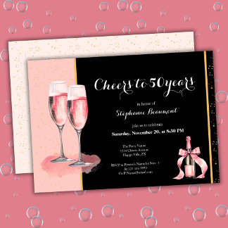 Convites Cheers to 50 Years Black Champagne Birthday