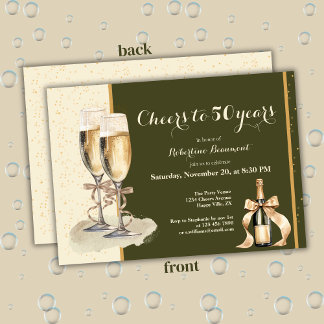 Convites Cheers to 50 Years Cream Green Champagne Birthday