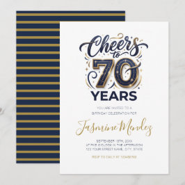 Convites Cheers to 70 years Elegant Gold Blue Birthday