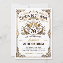 Convites Cheers to 70 years Vintage Gold White Birthday