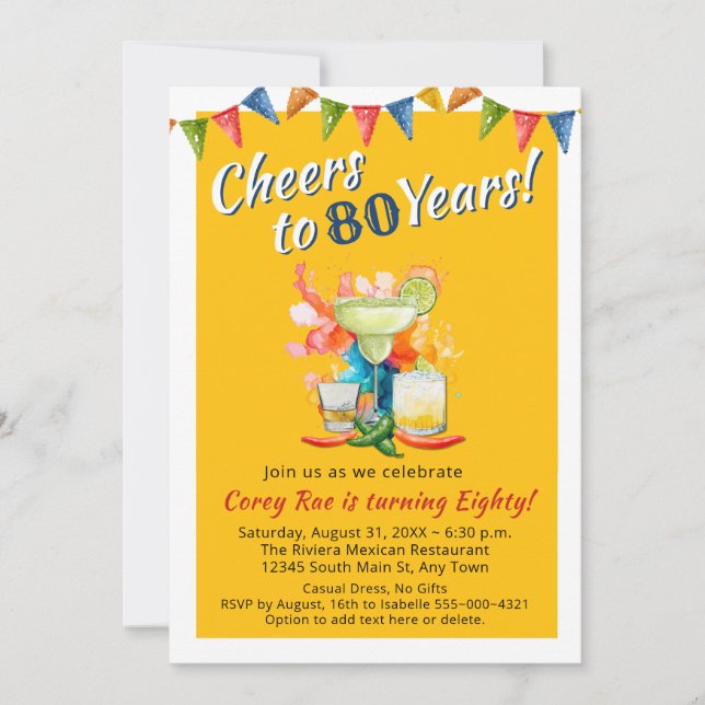 Convites Cheers to 80 Years Modern 80th Birthday  Fiesta (Frente)