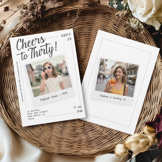 Convites Cheers to Thirty 30 Retro Photo Birthday  (Criador carregado)