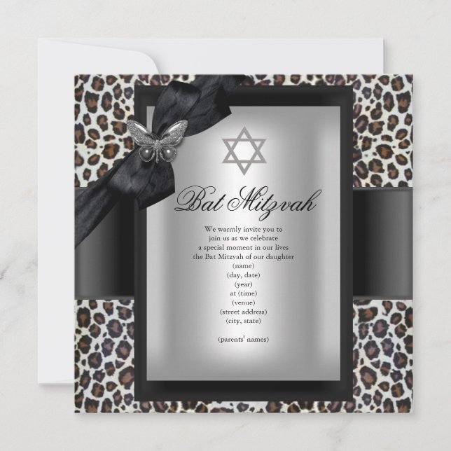 Convites Cheetah Borboleta Preta Bat Mitzvah (Frente)