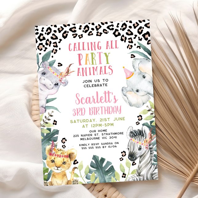 Convites Cheetah Impressão chamando todos os animais de fes (Safari Themed Calling All Party Animals Birthday Invitation Girl, Safari Birthday Party Invite,)