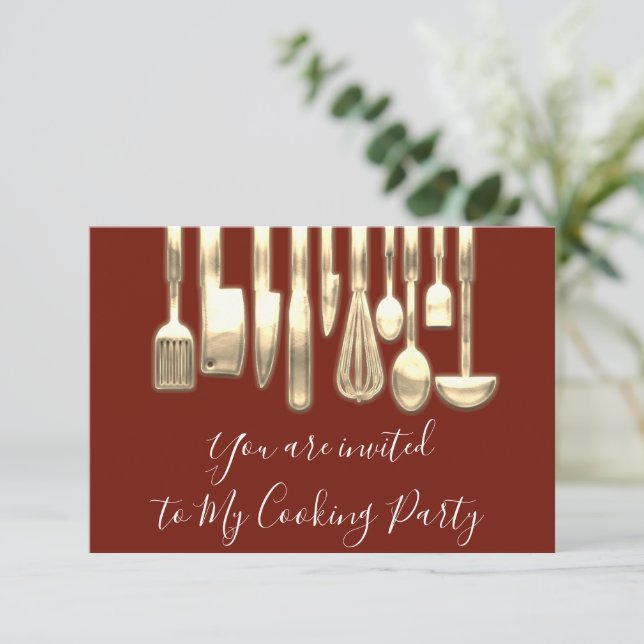 Convites Chef de Festa de Culinária Dourada Cozinha Marrom  (Em pé/Frente)