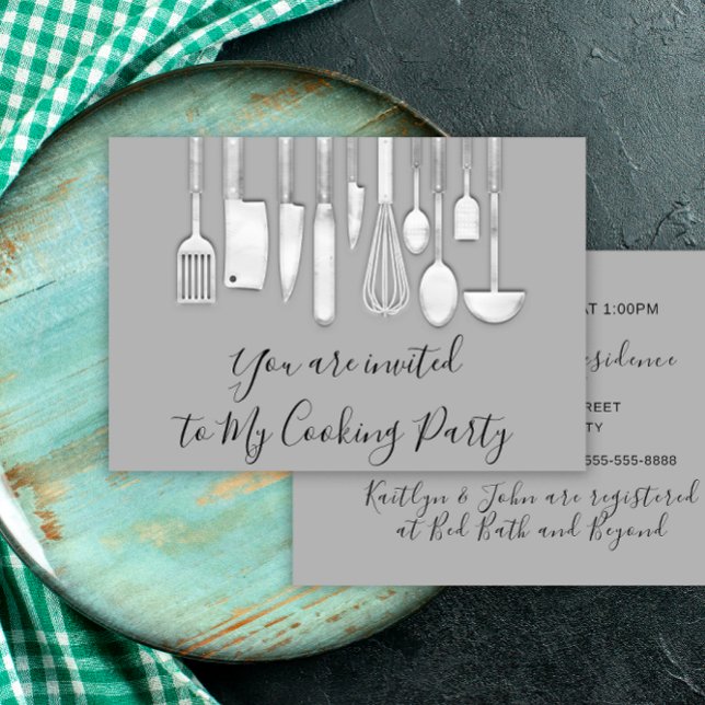 Convites Chefe de Festa de Cozinha Dourada Prata Cinza (Cooking Party Chef Golden Kitchen Gray Silver Invitation)