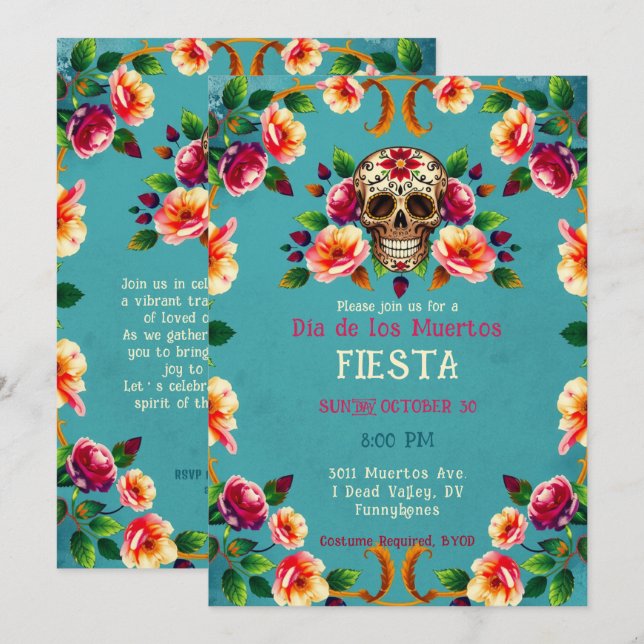 Convites 💀 🎉 Cheio do crânio de Rosas, Día de los Muertos (Frente/Verso)
