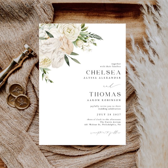 Convites CHELSEA Watercolor White Blooms Wedding Invitation (Criador carregado)