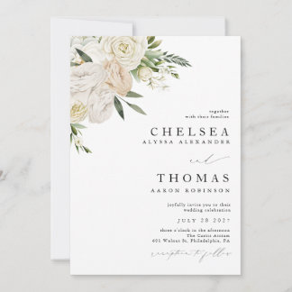 Convites CHELSEA Watercolor White Blooms Wedding Invitation