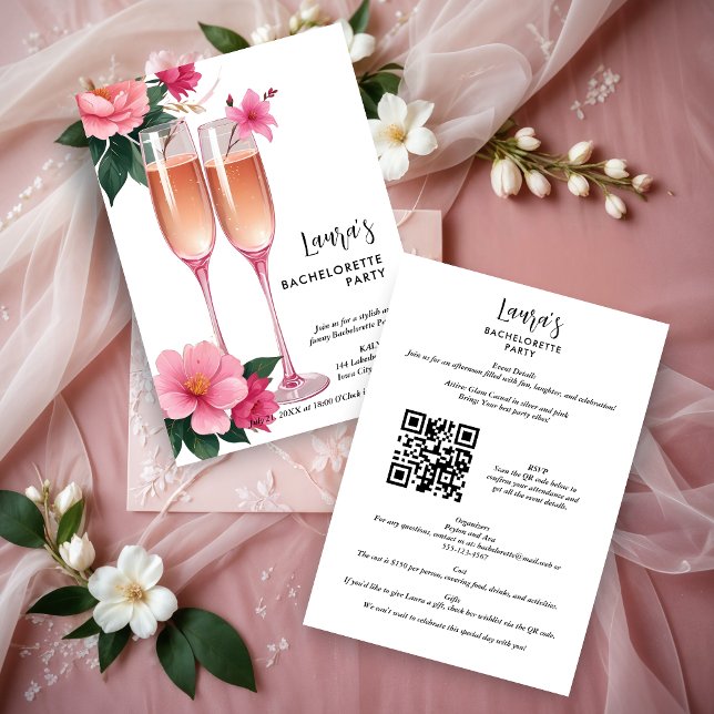 Convites Cherish Cute Floral Champagne Flutes Bachelorette (Cherish Cute Floral Champagne Flutes Elegant Bachelorette Party Invitations )