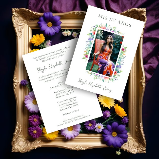 Convites Cherish Cute Floral Frame Quinceañera Photo (Spanish Cherish Cute Floral Frame Quinceañera Photo Invitation Card. )