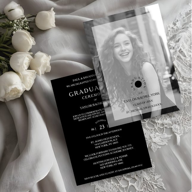 Convites Cherish Exquisite Delicate Minimalist Black White (Cherish Exquisite Delicate Minimalist Black & White Photo with Vellum Translucent Effect Graduation.)