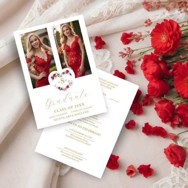 Convites Cherish  Floral Heart Initials Graduate 2 Photos (Cherish Romantic Floral Heart Initials Graduate 2 Photos Invitation Card. )