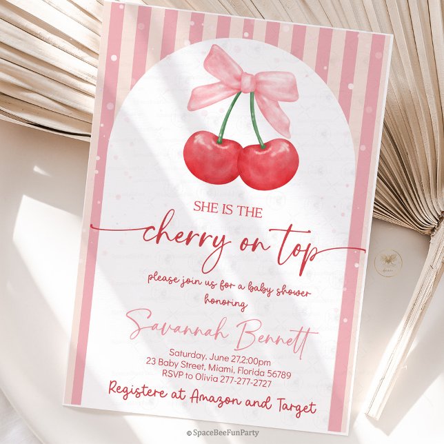 Convites Cherry Baby Shower Cherry on Top (Cherry Baby Shower Invitation, Editable Cherry on Top Invitation, Girl Baby Shower Invite, Pink Bow )