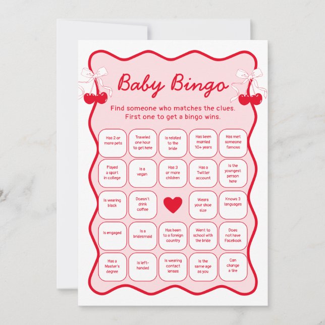 Convites Cherry Baby Shower Find the Guest Bingo Game Card (Frente)