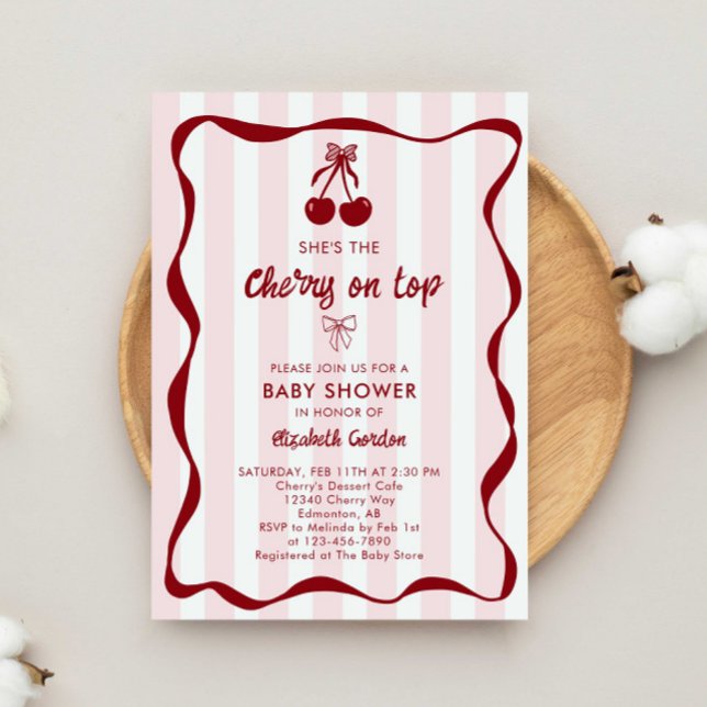 Convites Cherry Baby Shower Sweet Pink Stripes Cute Bow (Criador carregado)