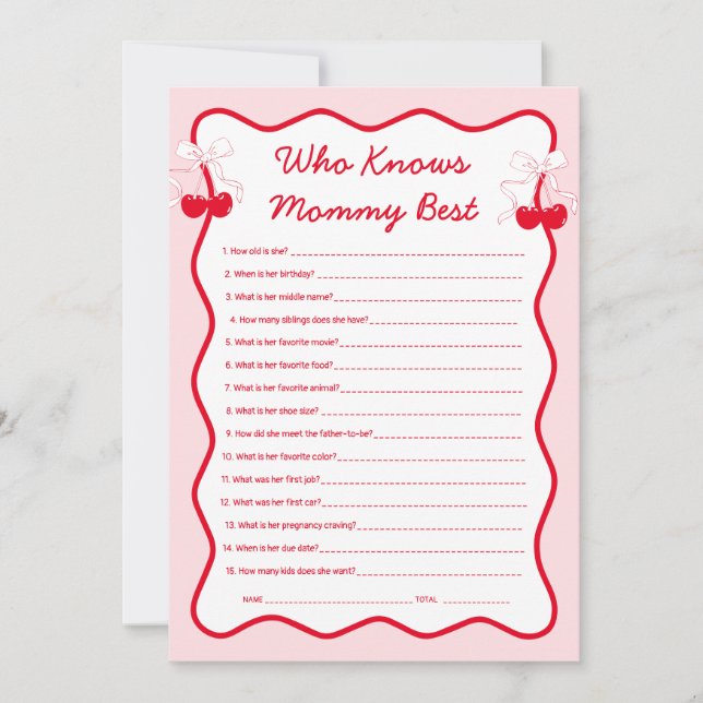 Convites Cherry Baby Shower Who Knows Mommy Best Game (Frente)