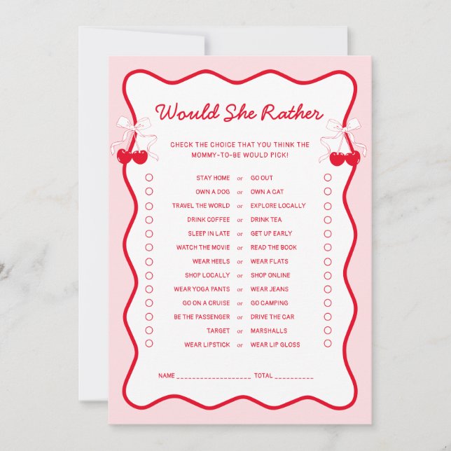 Convites Cherry Baby Shower Would She Rather Game Card (Frente)