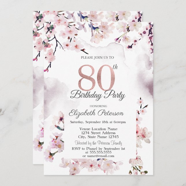 Convites Cherry Blossom 80 Birthday (Frente/Verso)