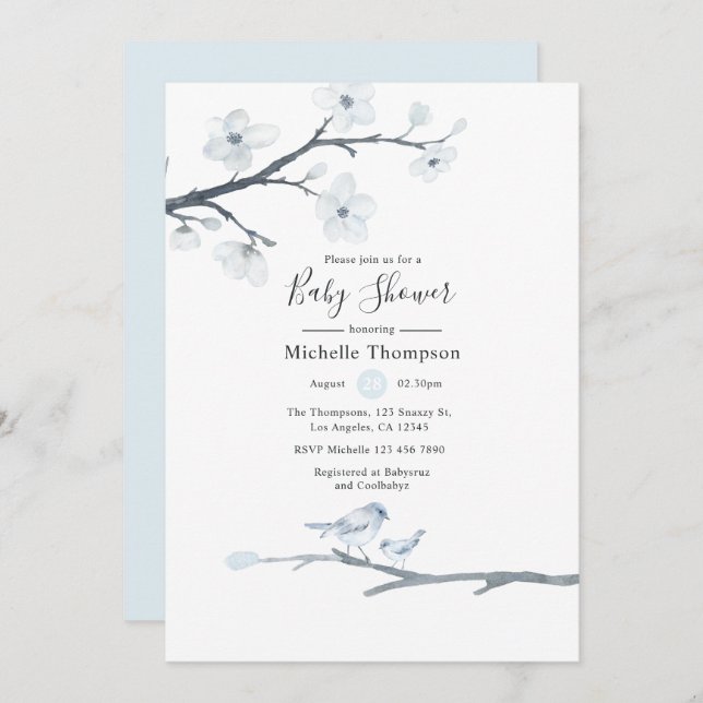 Convites Cherry Blossom Birsom Birds Chá de fraldas Floral (Frente/Verso)