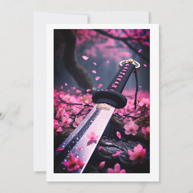 Convites Cherry Blossom Katana na chuva - Samur japonês (Frente)
