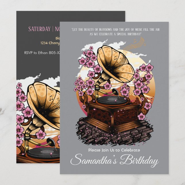Convites Cherry Blossom Musical Birthday (Frente/Verso)