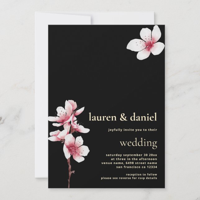 Convites Cherry Blossom QR Champagne Dourado Preto (Frente)