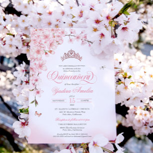 Convites Cherry Blossom Rosa Dourada Tiara Pink Quinceañera