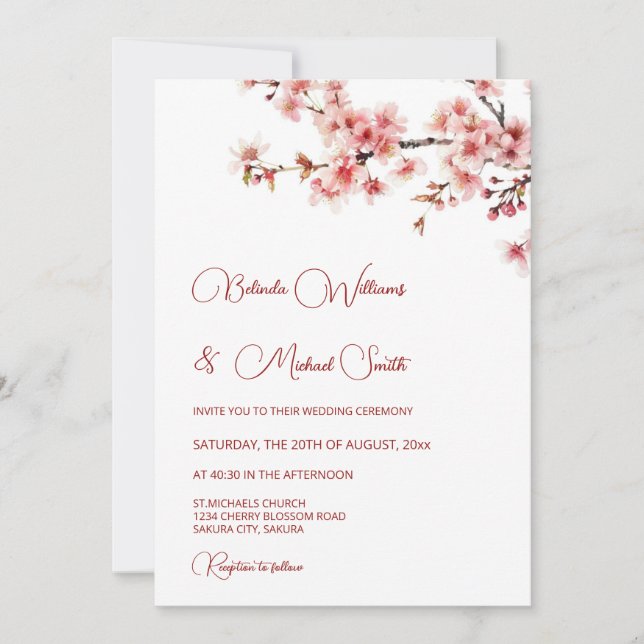 Convites  Cherry Blossom White  Wedding (Frente)