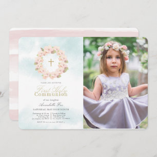 Convites Cherry Blossom Wreath Foto Primeira Comunhão Santa